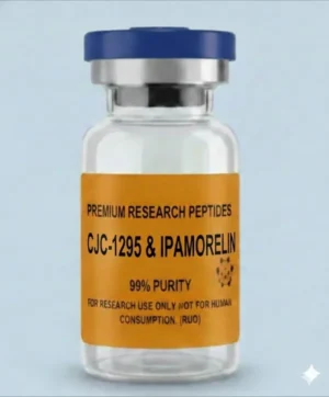 Clear glass vial of CJC-1295 & Ipamorelin research peptide blend, 99% purity, for research use only – not for human consumption