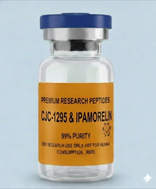 Clear glass vial of CJC-1295 & Ipamorelin research peptide blend, 99% purity, for research use only – not for human consumption