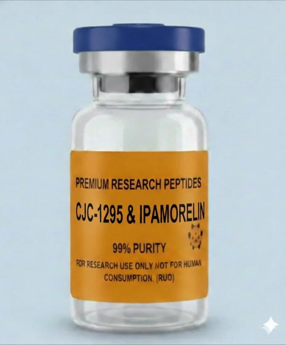 Clear glass vial of CJC-1295 & Ipamorelin research peptide blend, 99% purity, for research use only – not for human consumption