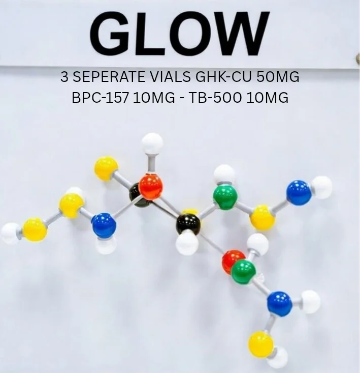 Glow Combo research peptide kit featuring GHK-Cu 50mg, BPC-157 10mg, and TB-500 10mg in three separate sterile vials, with colorful molecular structure model and GLOW text overlay.